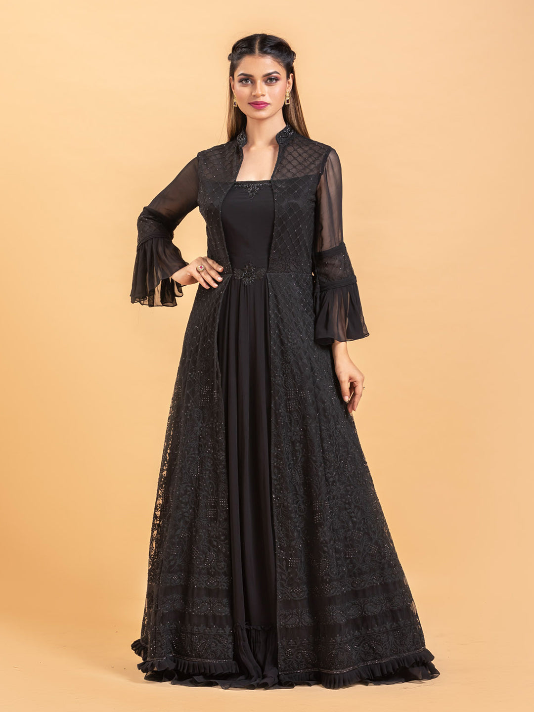Buy Black Silk Net Embroidered Designer Gown Style Suit | Gowns